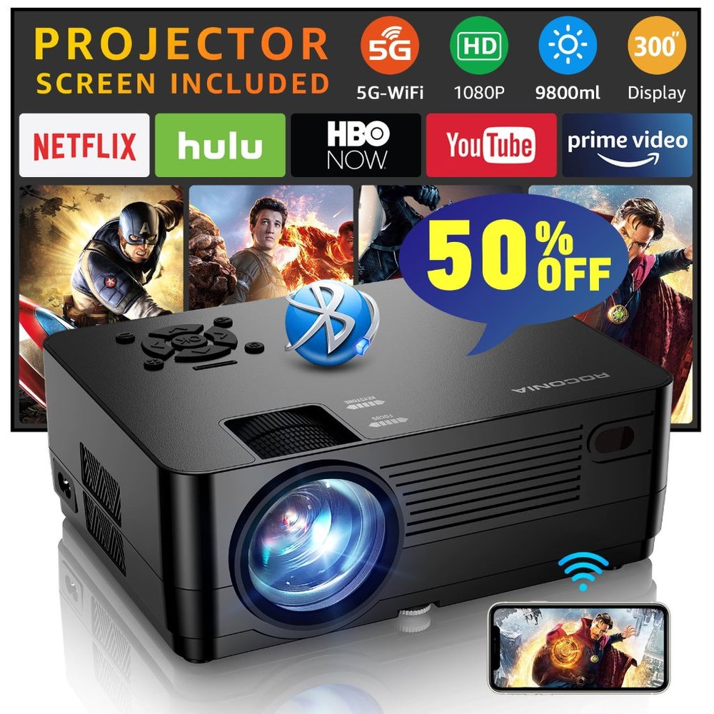 5G WiFi Bluetooth Native 1080P Projector, 9800LM Full HD Movie Projector, LCD Te